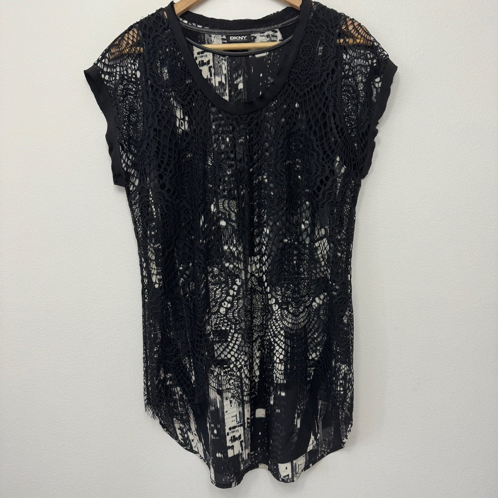 DKNY Black & White Tunic with Black Lace Top Size S